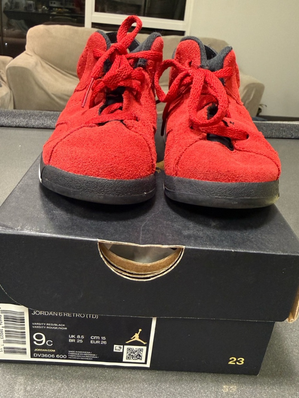 Jordan Kids Red Suede Sneakers with Black Accents